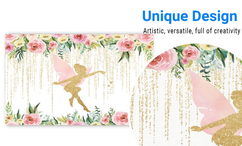 Funnytree Floral Fairy Birthday Party Backdrop for Photography Pink and Gold Fairy Tale Tea Flowers Wonderland Princess Girl Baby Shower Background Decoration Banner Supplies Photo Booth - Image 3